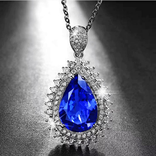 Luxury droplet shaped pendant inlaid with Tanzanine blue high carbon diamond sapphire necklace