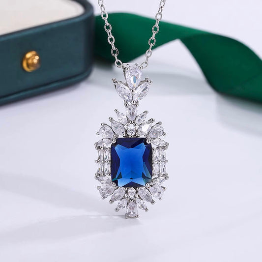 Luxury banquet princess square diamond pendant Blue zircon necklace